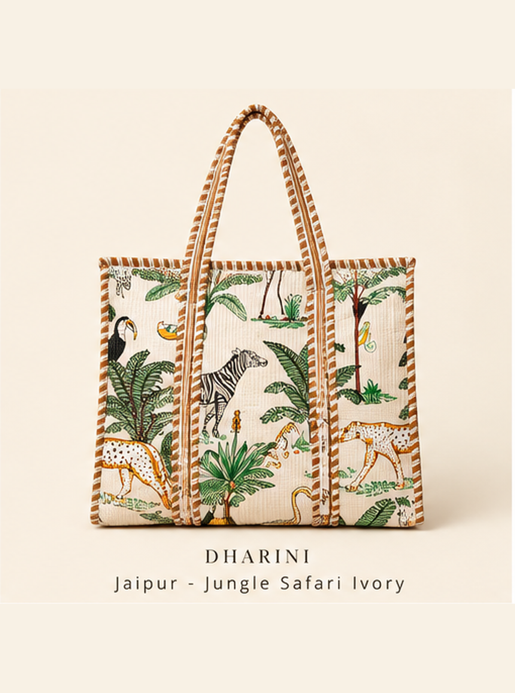 Dharini Jaipur printed tote bag with jungle safari print on ivory