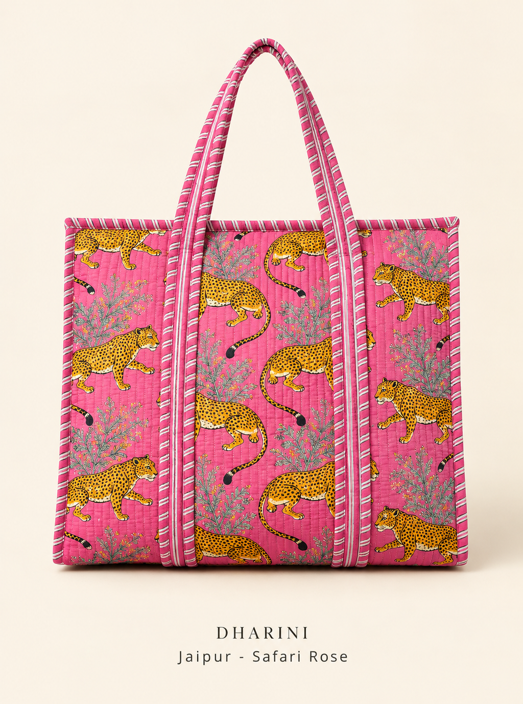 Dharini Jaipur printed tote bag with safari print in rose pink